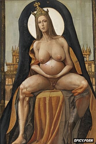 altarpiece, halo, holding a globe, robe, crown radiating, pregnant