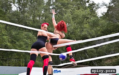 big tits, red hair, mohawk pussy, big ass, tight volleyball outfit