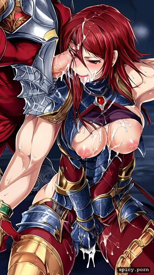 red hair ripped armor female knight, multiple dick, style hentai cg