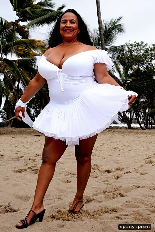 giant hanging tits, high heels, long hair, color portrait, 61 yo beautiful white caribbean carnival dancer