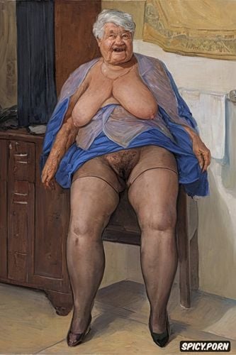 the very old fat grandmother has nude pussy under her skirt