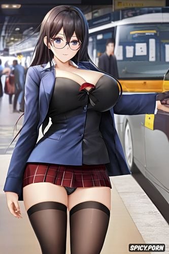 big boobs, zettai ryouiki, public bus, a cartoon picture of a woman in open school uniform