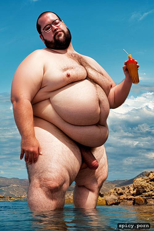 super obese chubby man, cum on penis, short buzz cut hair, cute round face with beard and glasses
