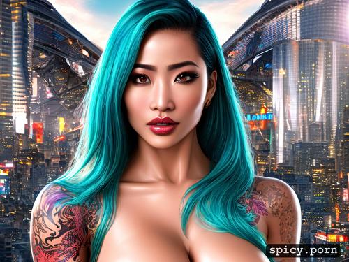 curvy cyberpunk asian woman, a beautiful sexy, oiled skin, and with bright tattoos