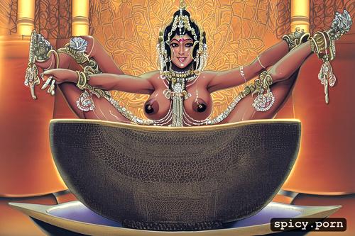 extremely large naked breasts, hindu temple hairy pussy, pissing into a ceremonial bowl