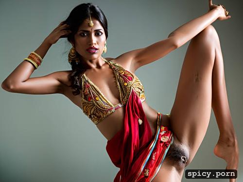lifting sari above hips with both hands, wearing sari, whole body