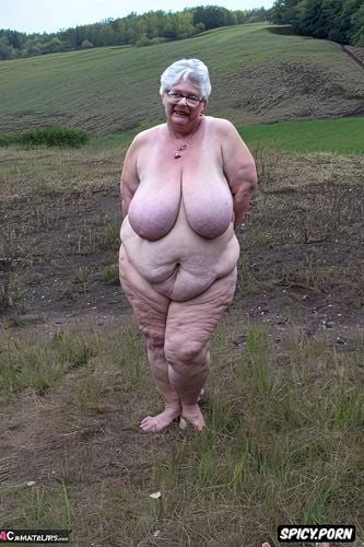 hyperrealistic, sixty of age, white granny, naked, enormous tits