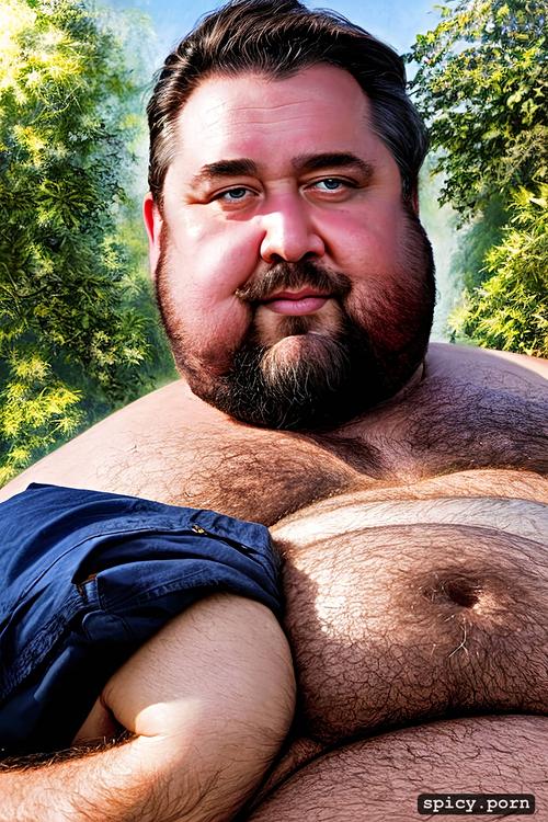 realistic very hairy big belly, caucasian middle aged man, super obese chubby man