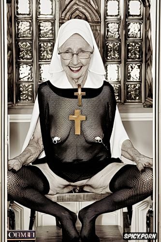 nun, pierced pussy, pierced nipples, grey hair, very old granny