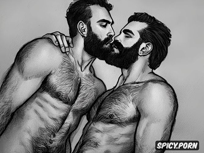 sketch of naked bearded hairy men, dark hair, natural thick eyebrows