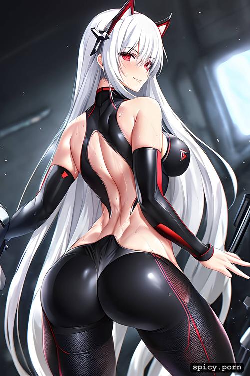 cat woman, wet skin, looking over her back, good anatomy, ass held into the camera