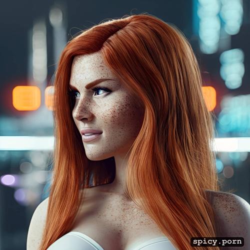 an extremely beautiful redhead scandinavian female humanoid with freckled cheeks