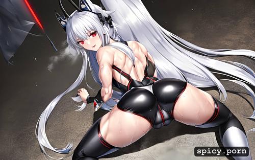wet skin, azur lane, sweating, cat woman, good anatomy, looking over her back