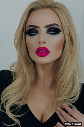 blonde bimbo, over the top makeup, pink lipstick, glossy lips