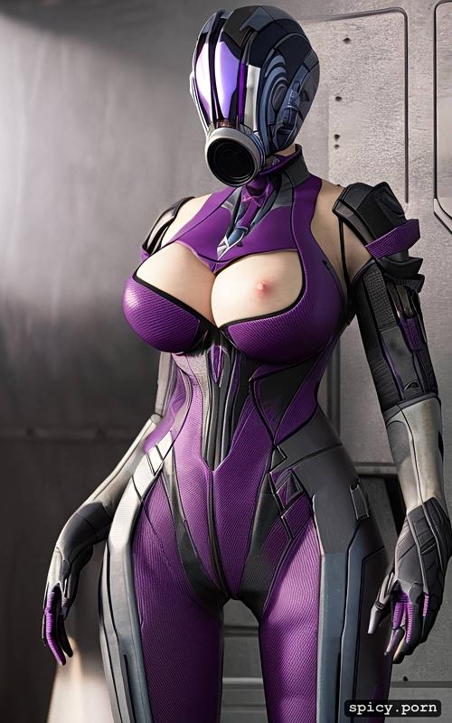 one single woman, video game, purple environmental suit, quarian