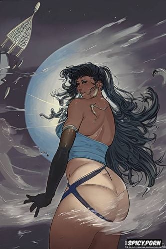 extreme long hair, woman, upskirt, smoke, sickle moon in background