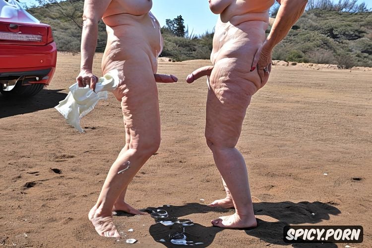 centered, outdoor covered in alot of cum, shaved pussy, four grannies standing at a sex beach party