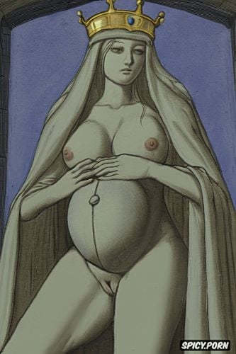 holding a small ball, altarpiece, pregnant, halo, classic, spreading legs shows pussy