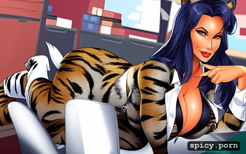 tiger woman, 40 yo, seductive face, large ass, busty, business suit
