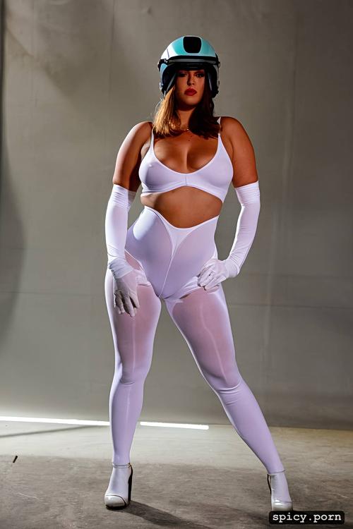 a standing chubby woman wearing white transparent tight bodysuit with white legs and a white motorcycle helmet on her head
