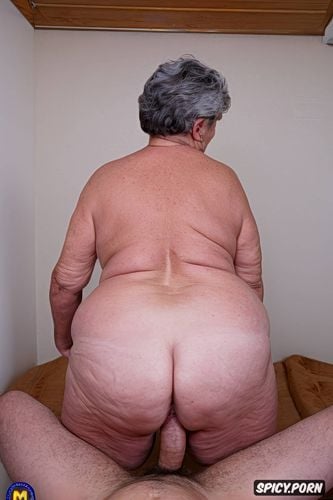 color photo, fuck pussy, back view, old granny, wrinkled skin