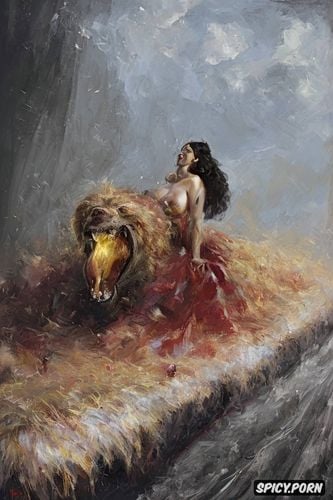 nude, pyotr krivonogov, victorian gown, riding on a giant running beast