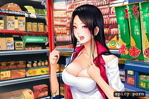 in supermarket, ahegao face, sleepwear, fit body, perky tits