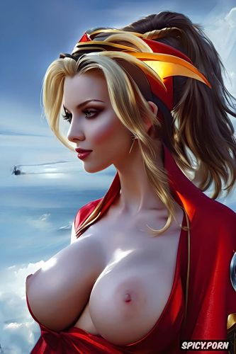 ultra detailed, k shot on canon dslr, mercy overwatch fantasy sorceress flowing red robes topless tits out small perky natural tits beautiful face portrait masterpiece