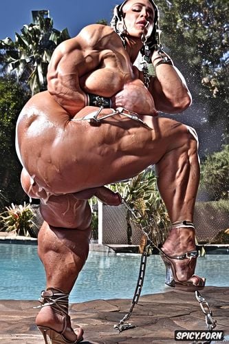 big nipples, chained, huge fat ass, enormous muscles, spreading legs