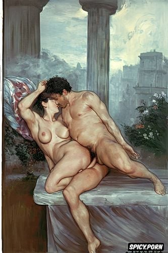 michelangelo buonarroti painting, steam, grabing belly, asian iranian woman