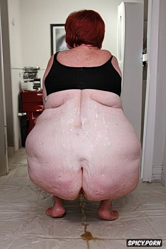 gorgeous face, massive ass, squatting, hyperrealistic pregnant pissing muscular thighs red bobcut haircut tanned