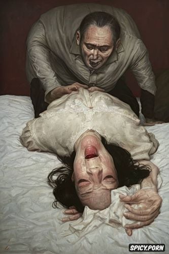 gottfried hellnwein, real natural colors ultra detailed expressive faces drunk husband gives blowjob to tired wife sleeping with mouth wide open