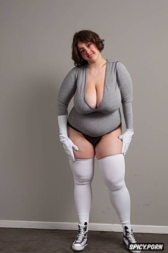 front view, giant tits, grey cotton over knee socks, stands straight