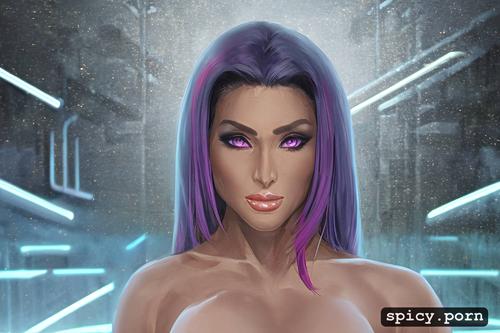 full body view, ultra detailed, high makeup, penis pov, purple hair