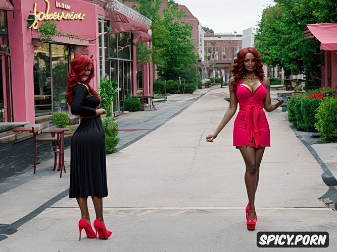 focus on great legs, black american model, red hair, intricate hair