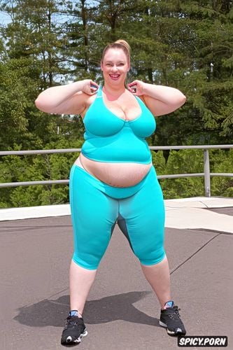 obese, spandex yoga pants, ssbbw, large fat belly, happy white woman