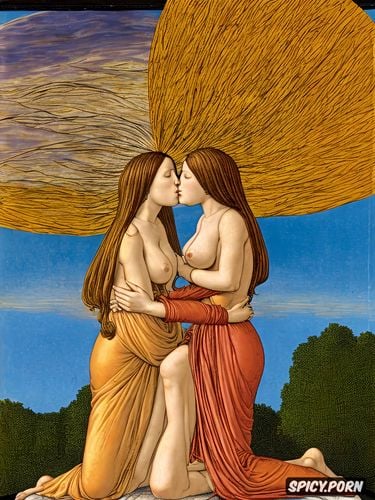 virgin mary lesbian couple kissing, sidele, rainbow sky