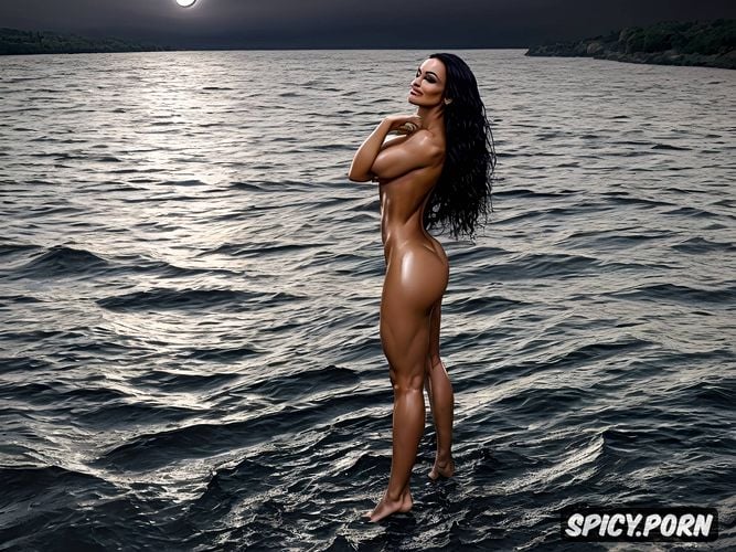 black hair, model pose, long hair, boot soles touch water surface