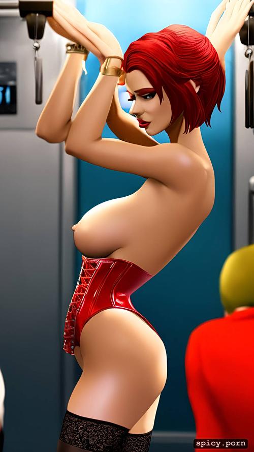 red pixie hair, ultra detailed, 18 yo, slim body, highres, black latex stockings