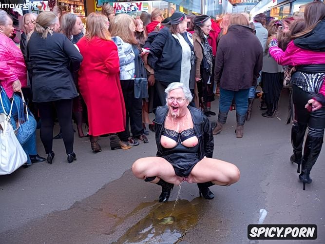 begging in a street full of shops, piss on the floor, granny woman german