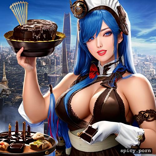messy, japanese lady, seductive, long hair, chubby body, chef cooking chocolate cake