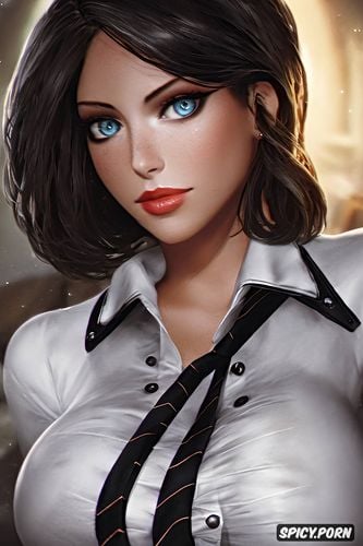 ultra realistic, k shot on canon dslr, ultra detailed, elizabeth bioshock infinite black blazer white shirt shirt unbuttoned beautiful face young