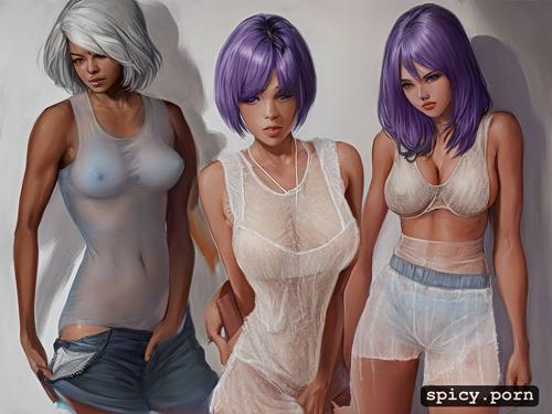 91tdnepcwrer, purple eyes, see through clothes, tanktop with underboob and short shorts