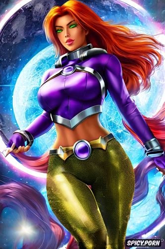 high resolution, ultra detailed, starfire dc comics new beautiful face young full body shot