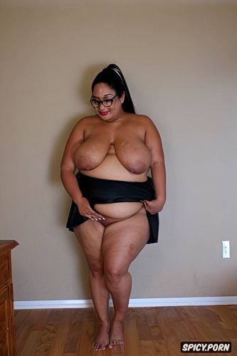 long pigtails hair, skin blemishes, mini skirt, pussy, cute mexican milf naked with obese belly
