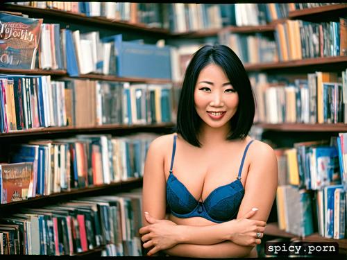 library, happy face, bra, thick body, little tits, brunette hair