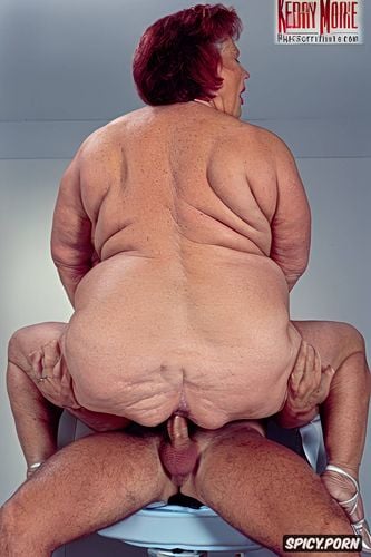 white granny, squatting, rear view, hyperrealistic pregnant pissing muscular thighs red bobcut haircut tanned