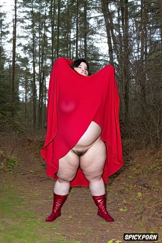 dressed in a red cape, big belly, wide hips, showing her hairy pussy to the viewer