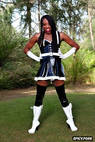 wearing latex maids dress and boots, ebony sissy with long dreadlocks