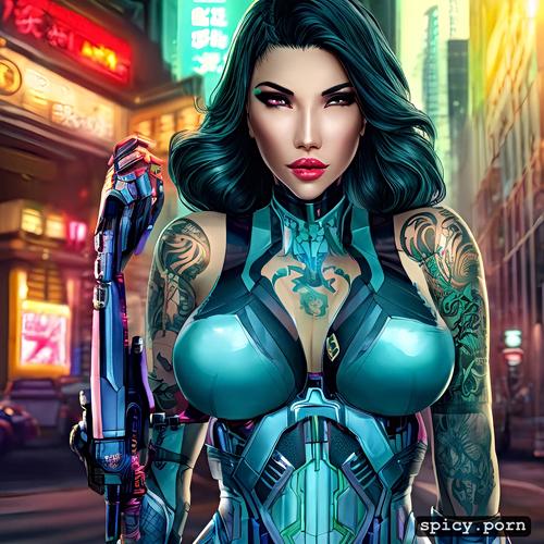 ultra detailed, style cyberpunk, in street, small body, tattoos